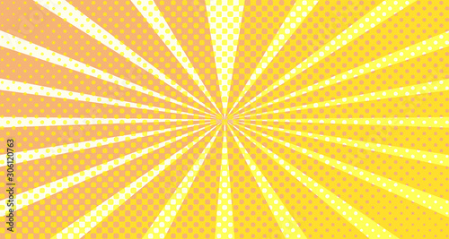 Vintage colorful comic book background. Orange blank bubbles of different shapes. Rays, radial, halftone, dotted effects. For sale banner empty Place for text 1960s. Copy space vector eps10.