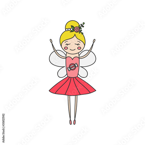 Sugar plum candy fairy character vector illustration. Hand drawn outlined classic ballet nutcracker story. Isolated.