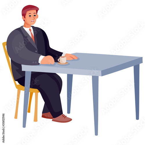 man sitting alone at the square table, loneliness, isolated object on a white background,