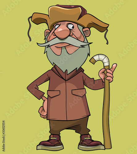 cartoon bearded grandfather in hat with earflaps with a stick in his hand