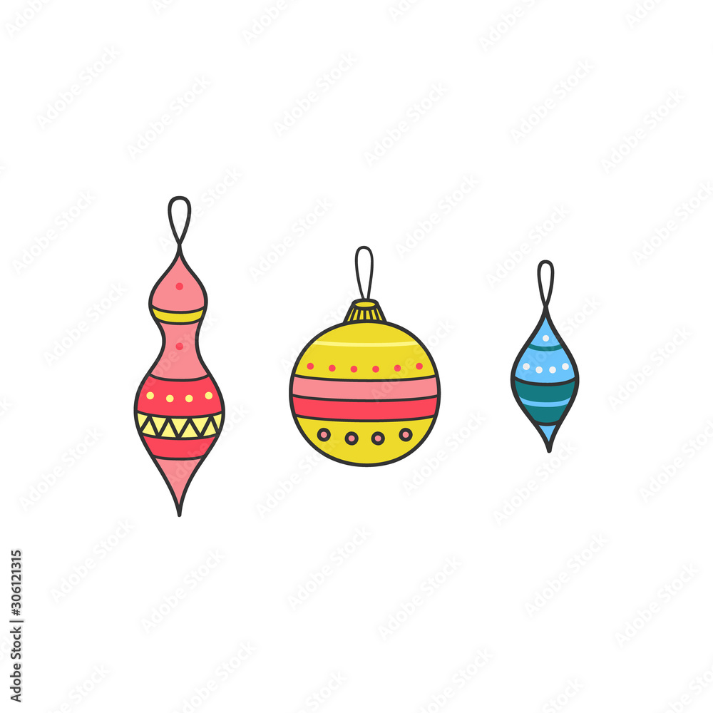 Set of hanging christmas balls on string vector illustration. Different hand drawn outlined shapes of xmas ornaments. Isolated. Set of hanging christmas balls on string vector illustration. Different hand drawn outlined shapes of xmas ornaments. Isolated.