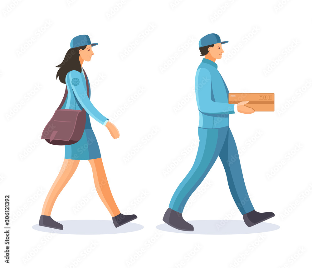 Post office workers shipping letters. Group of postmen man and woman deliver letters and parcels to the addressee, delivering correspondence. Mail delivery service cartoon vector illustration