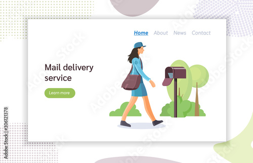 Post office workers shipping letters. Postman woman work courier running with a bag of letters, delivering correspondence, letters to the addressee. Mail delivery service cartoon vector illustration
