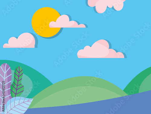 landscape hills leaves branch sun clouds nature sky