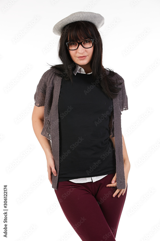 Blank t-shirt mock-up - Cute preppy, fashion geek girl ready for your design Blank t-shirt mock-up - Cute preppy, fashion geek girl ready for your design