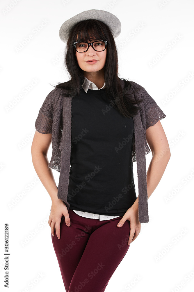 Blank t-shirt mock-up - Cute preppy, fashion geek girl ready for your design Blank t-shirt mock-up - Cute preppy, fashion geek girl ready for your design