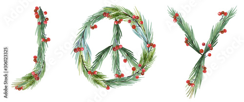 Watercolor Peace Symbol. Christmas Card Peaceful, joy, love, hope symbol, Ecology clipart, Eco New Year Watercolor Clip Art, christmas  wreath, Lettering