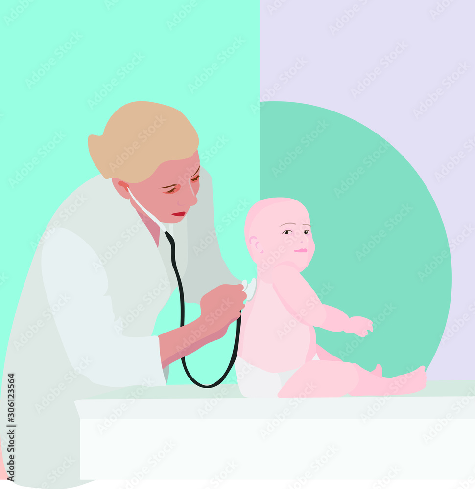 examination of the baby in the hospital, pediatrician and patient, stethoscope