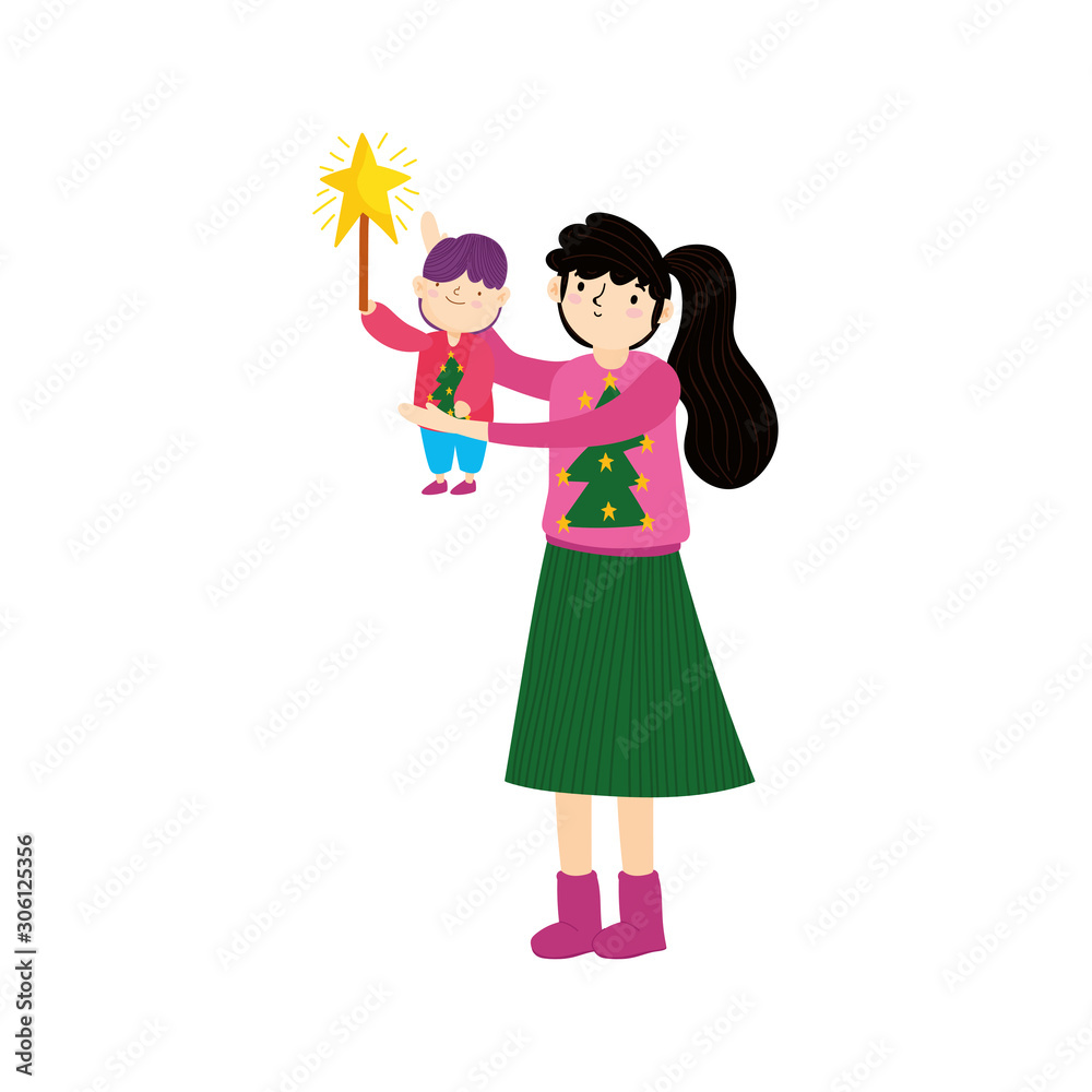 merry christmas mother carrying her little son with star merry christmas mother carrying her little son with star