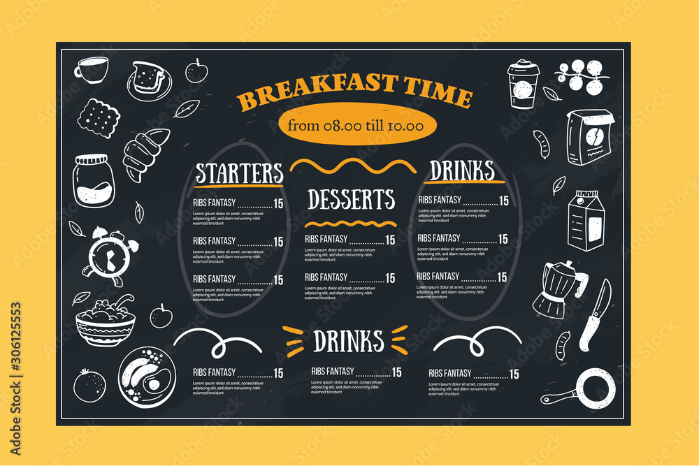 Breakfast menu, restaurant template on chalkboard. Blackboard poster ...