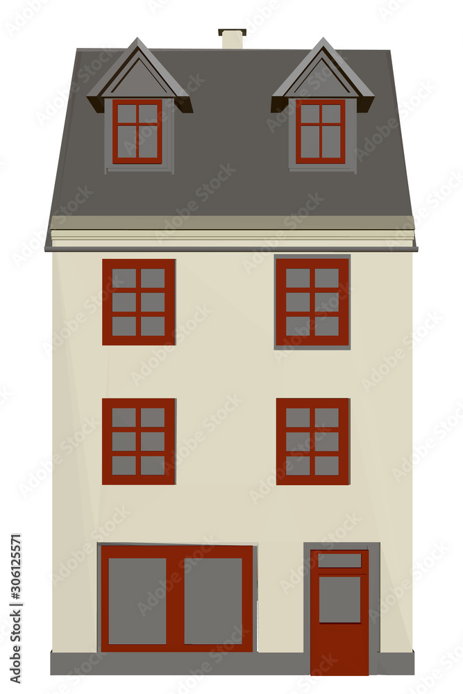 Residential three-story house. Flat style. Front view. Vector illustration