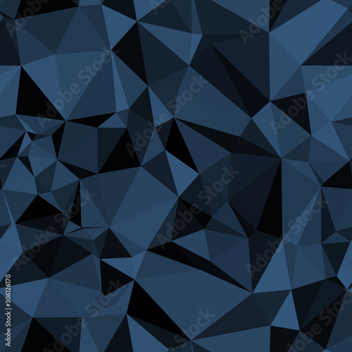 Random seamless blue triangle pattern. Techno pop geo angles graphic. Funky indigo infinite mess. Repeat vector swatch.