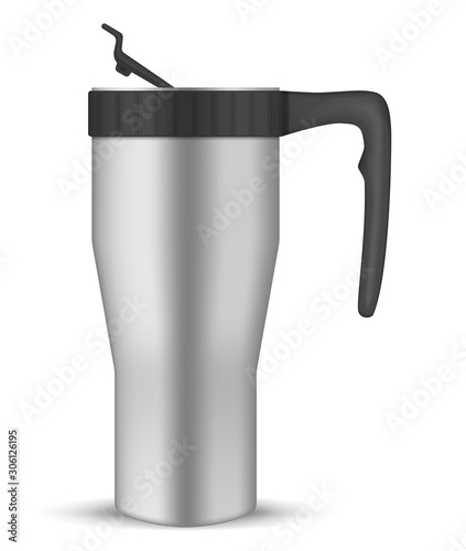 Stainless steel tumbler cup with flip lid, realistic vector mockup. Travel thermo mug with handle, template. Insulated thermos for coffee, tea and other hot or cold drinks, mock-up