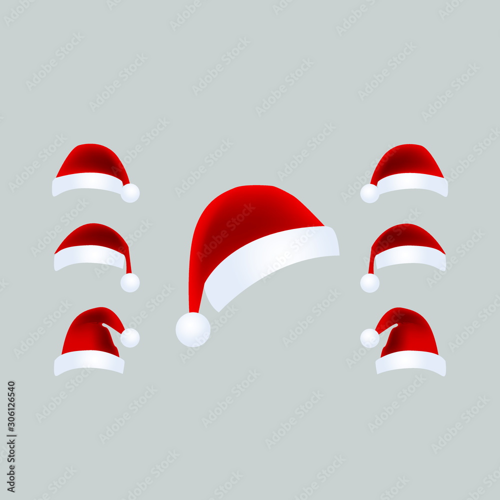 New Year's red hat. Realistic set of red santa hats. New Year's red hat. Realistic set of red santa hats.