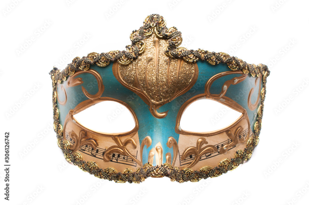 Blue venetian theatre mask with musical notes and gold decorations isolated on white background