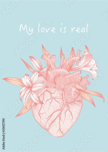 Vector illustration of anatomy heart and lily flowers with phrase My love is real for greeting cards design for valentines day