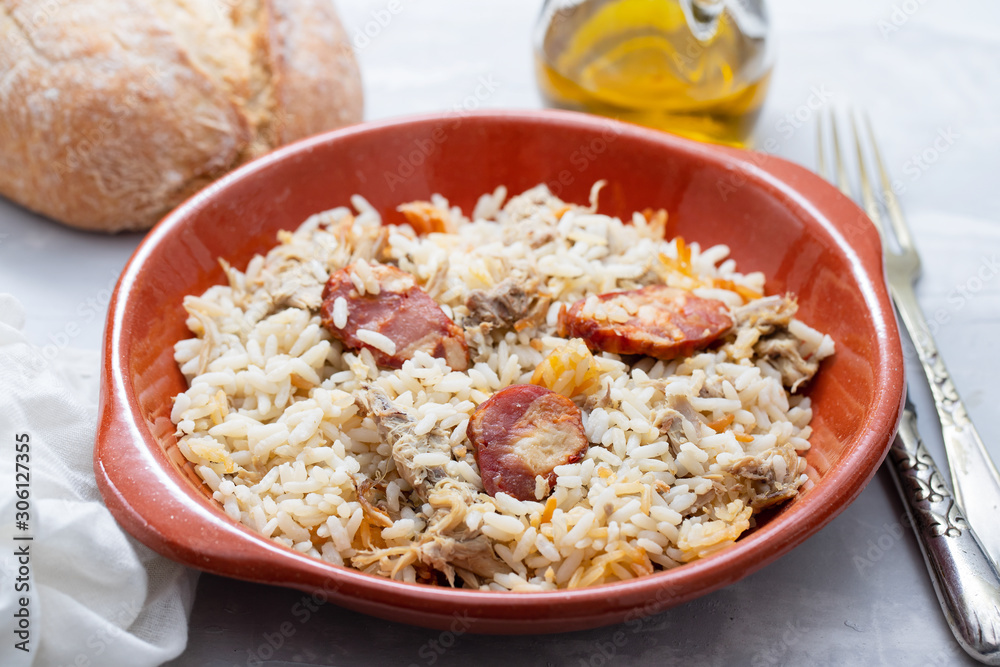 typical portuguese dish rice with duck and smoked sausage typical portuguese dish rice with duck and smoked sausage