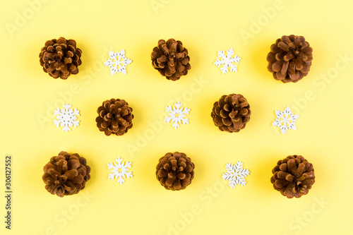 Top view of New Year ornament made of white snowflakes and pine cones on colorful background. Winter holiday concept with empty space for your design
