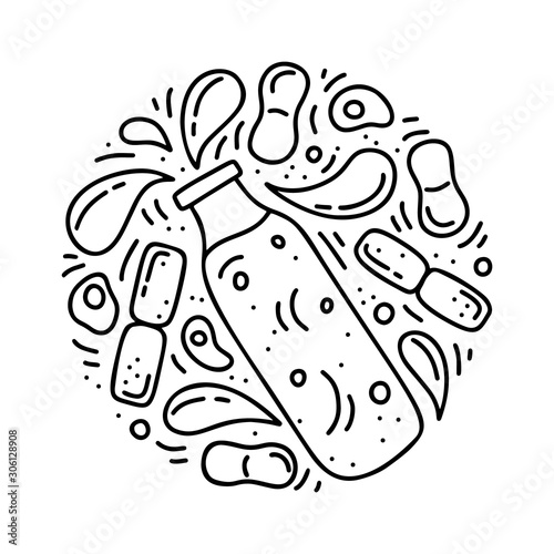 Round doodle template of kefir. Hand drawn vector concept. Contour illustration of fermented dairy products. Outline cartoon set of bottle with isolated spray drops and bacteria. Black and white