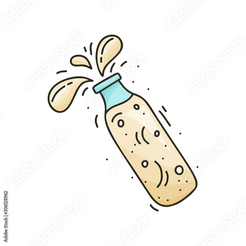 Cartoon doodle bottle with isolated flying splash. Kefir, yogurt or fermented baked milk on white background. Hand drawn vector concept. Color illustration for poster, banner. Healthy drink