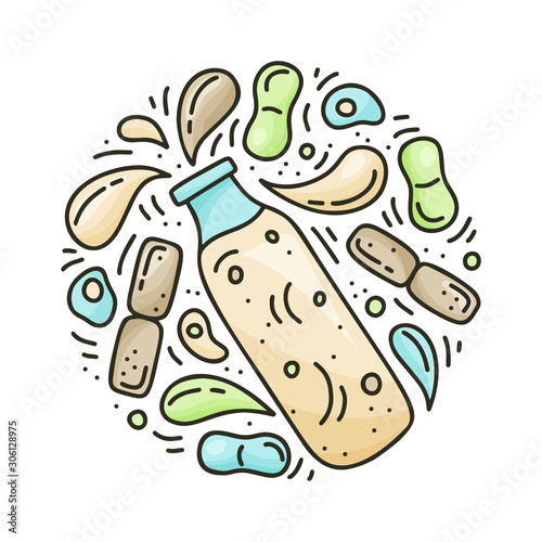 Kefir or yogurt. Round doodle template. Hand drawn vector concept for poster. Color illustration of fermented dairy products on white background. Cartoon bottle with isolated spray drops and bacteria