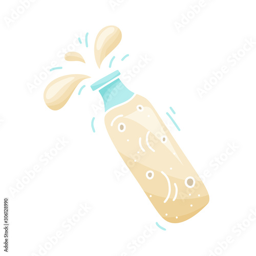 Milk, kefir, drinking yogurt or milkshake on white background. Cartoon flat drink, cutout bottle with isolated splash. Hand drawn vector concept. Color illustration of dairy products