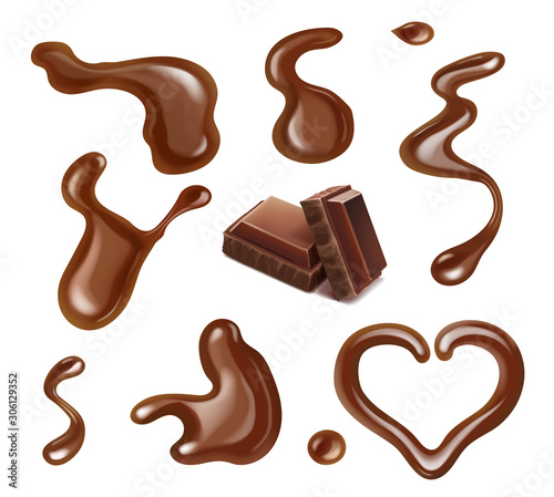 Chocolate realistic drops and blots collection. Vector various liquid dark chocolate splashing droplets set