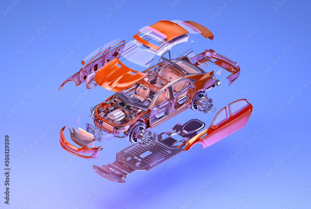 Car isometric, exploded view. 3D isometry illustration of vehicle for automobile  poster. Car assembly, automotive industry, auto repair service, spare parts  business, technology ads design background Stock Illustration