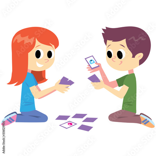 two kids boy and girl playing cards on the floor in house