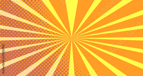 Vintage colorful comic book background. Orange blank bubbles of different shapes. Rays  radial  halftone  dotted effects. For sale banner empty Place for text 1960s. Copy space vector eps10.