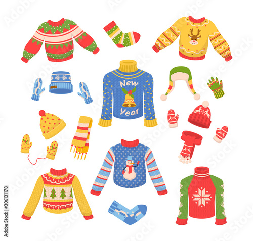 Cute winter warm knitted clothes set. Christmas sweaters with festive winter year ornaments. Winter clothes: hats, mittens, scarf, sweaters, socks cartoon vector illustration