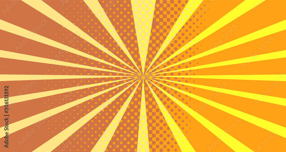 Vintage colorful comic book background. Orange blank bubbles of different shapes. Rays, radial, halftone, dotted effects. For sale banner empty Place for text 1960s. Copy space vector eps10.