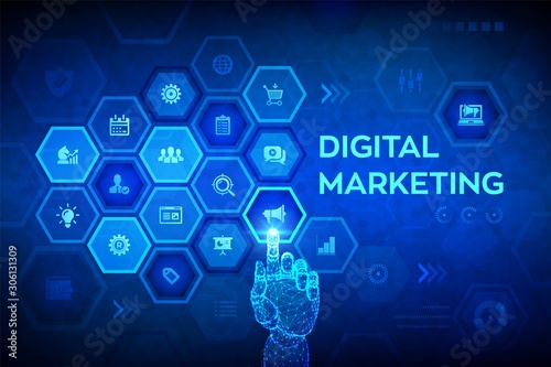 DIgital marketing technology concept on virtual screen. Internet. Online. Search Engine Optimisation. SEO. SMM. Advertising. Robotic hand touching digital interface. Vector illustration.