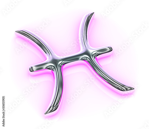 Astrology symbol in metal with pink reflection on white background - Pisces
