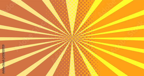 Vintage colorful comic book background. Orange blank bubbles of different shapes. Rays  radial  halftone  dotted effects. For sale banner empty Place for text 1960s. Copy space vector eps10.