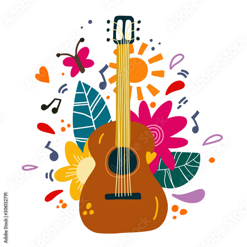Guitar flat hand drawn vector illustration. Vector