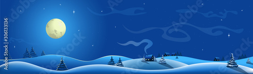 Night  peaceful landscape in winter. A dreaming valley and meadows with fir-trees and houses in snow. Nature in anticipation of Christmas. Deep sky is dotted with stars and the moon. Banner in vector.