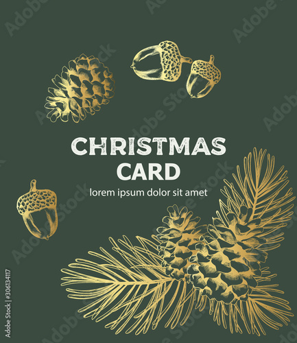 Christmas card fir branch line art style composition with ornaments