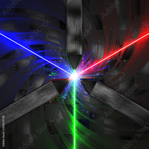 Three scientific lasers emitting RVB light with an explosion of colorful particles on the center