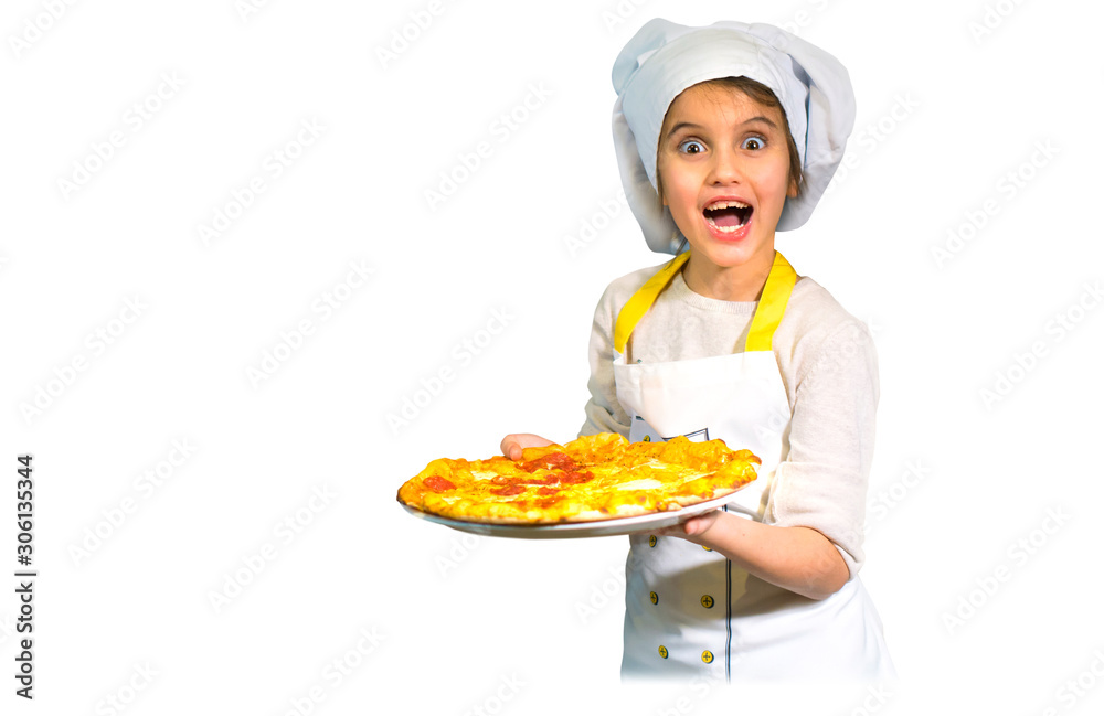 Beautiful little girl in a chef attire with a pizza in her hands on white background Beautiful little girl in a chef attire with a pizza in her hands on white background