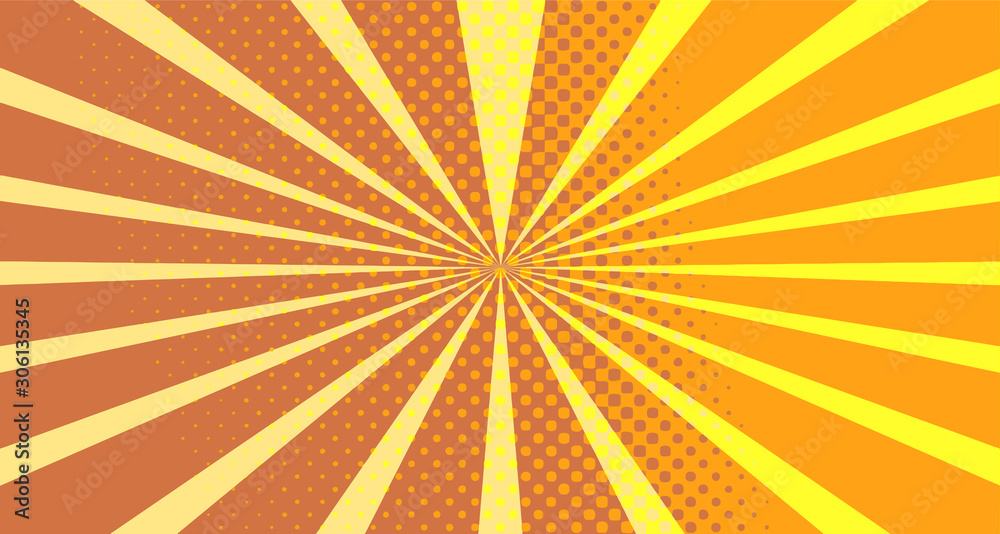 Vintage colorful comic book background. Orange blank bubbles of different shapes. Rays, radial, halftone, dotted effects. For sale banner empty Place for text 1960s. Copy space vector eps10.