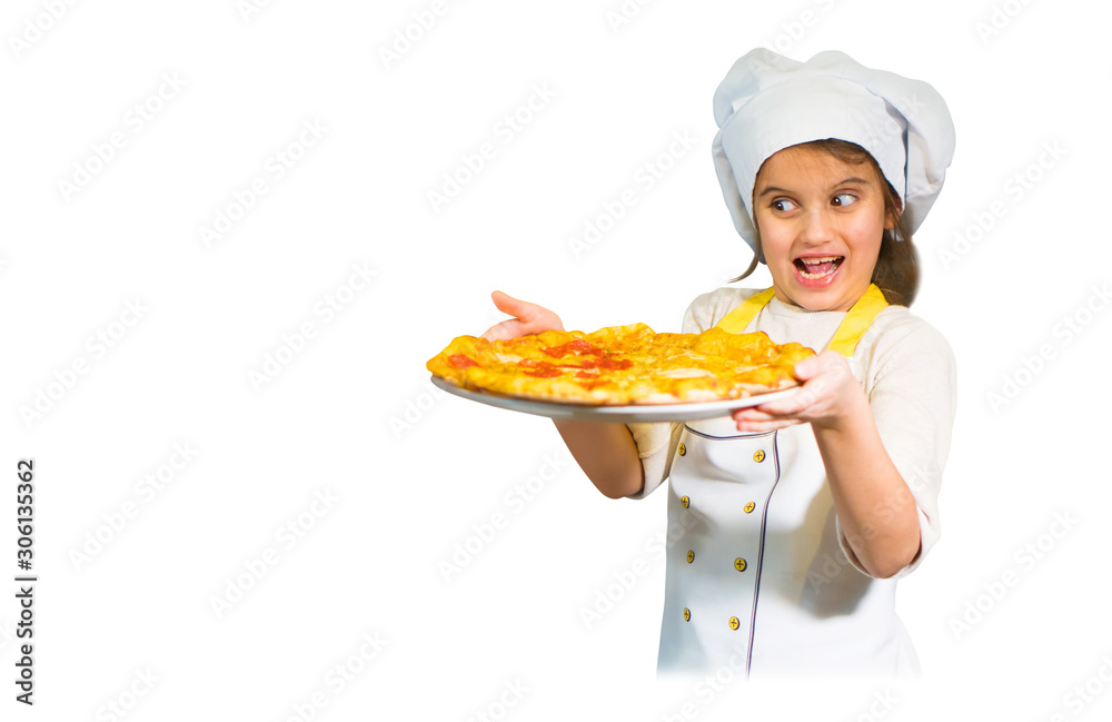 Beautiful little girl in a chef attire with a pizza in her hands on white background Beautiful little girl in a chef attire with a pizza in her hands on white background