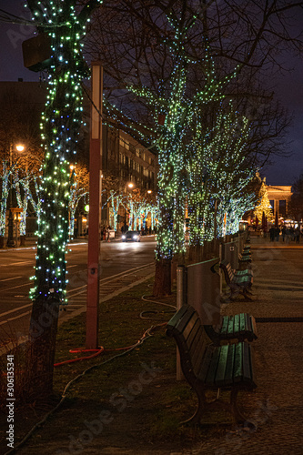 Street in the city. Tree trunks and tree branches decorated with colorful shiny string lights garlands. Night scene of winter outdoor Christmas decorations in Berlin near Brandenburg Gate.