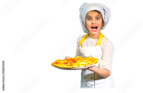 Beautiful little girl in a chef attire with a pizza in her hands on white background