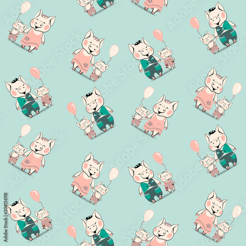 Childish seamless pattern with cartoon family of piglets. Pig mom, pig dad and piglets son and daughter go with balloons for the holiday. Background for wallpaper, textile, gift wrap. Vector.