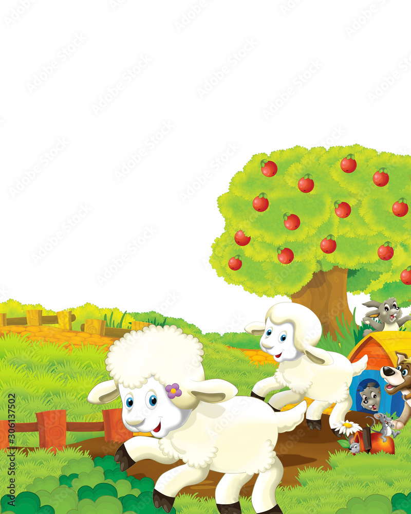 cartoon scene with sheep having fun on the farm on white background - illustration for children cartoon scene with sheep having fun on the farm on white background - illustration for children