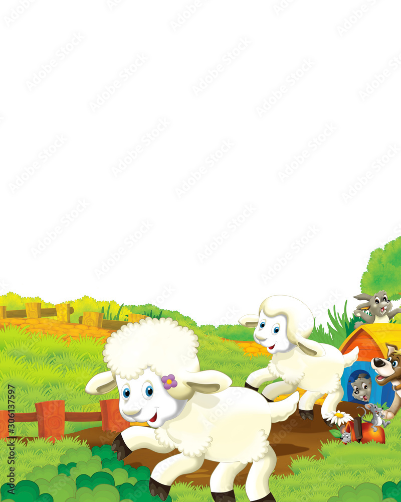 cartoon scene with sheep having fun on the farm on white background - illustration for children cartoon scene with sheep having fun on the farm on white background - illustration for children