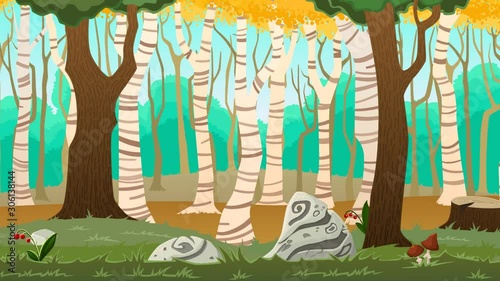 Autumn forest looping landscape with birch trees. Game scene animation