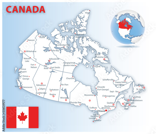 Detailed map of Canada administrative divisions with country flag and location on the globe.