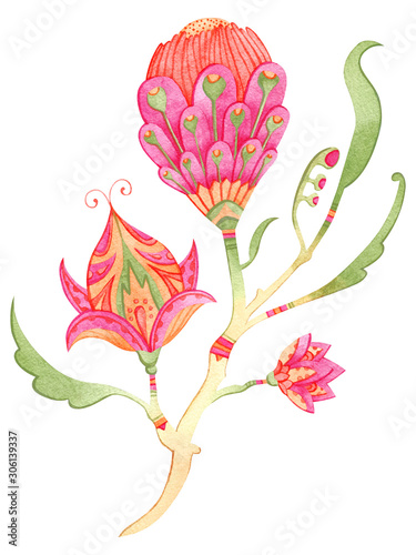 Beautiful watercolor paradise brunch with flowers. Fairytale folk hand painted illustration. Isolated on white.